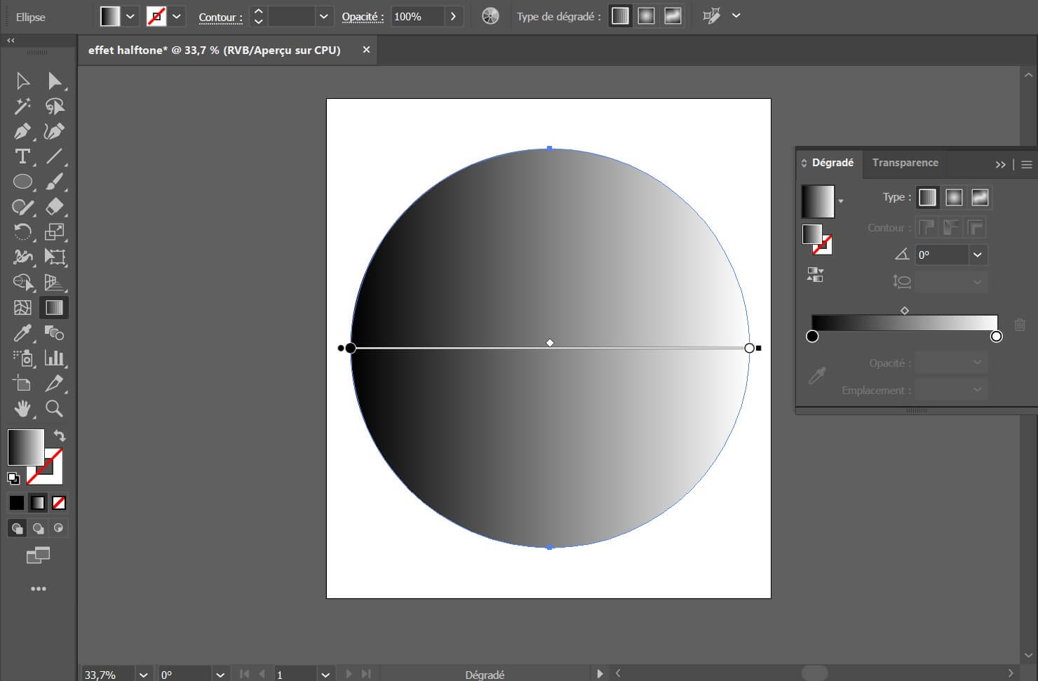 Image du logiciel Adobe Illustrator avec : Application d'un dégradé de couleur noir et blanc par défault sur un cercle parfait initialement rempli d'un fond noir.