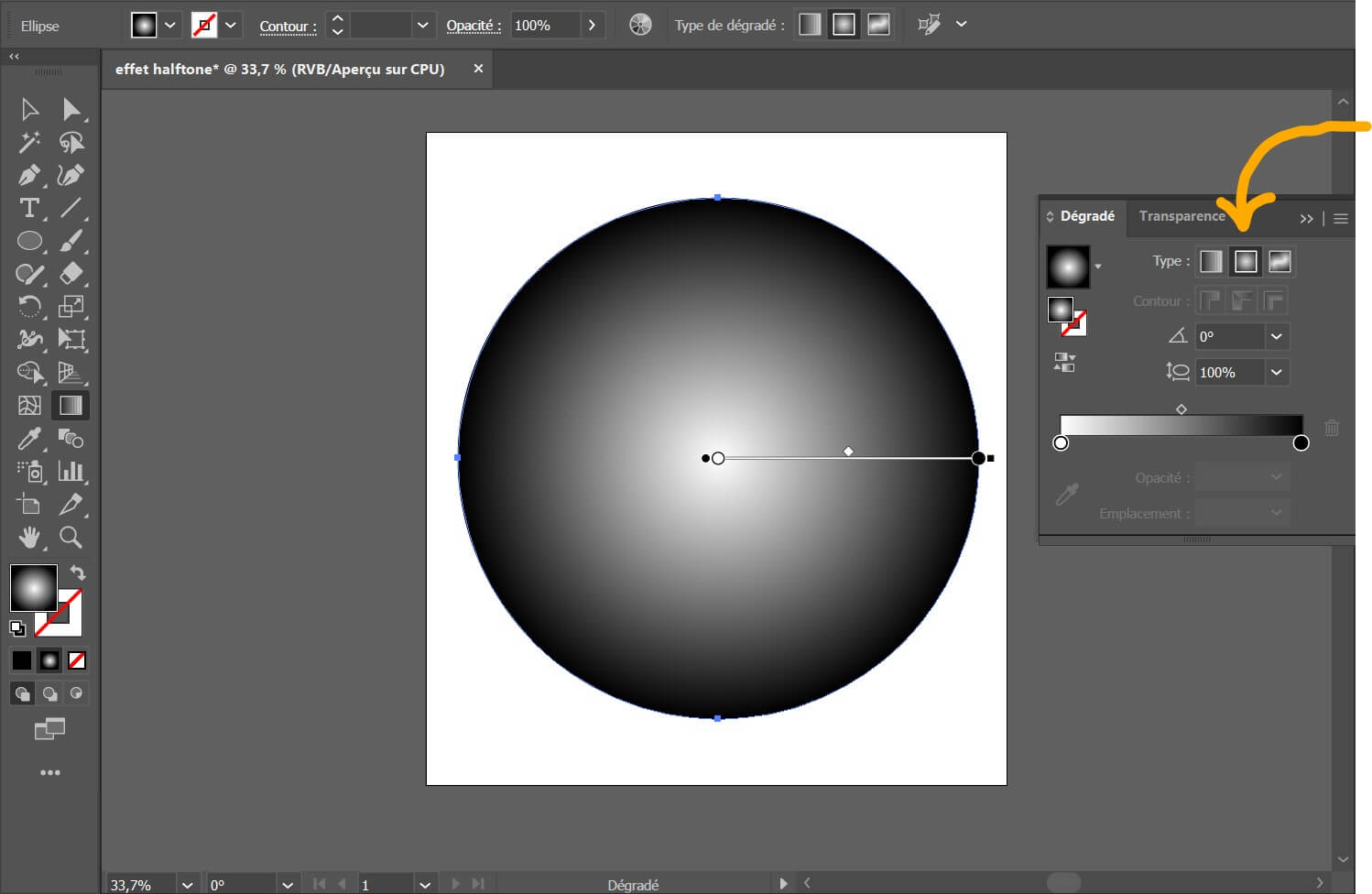 Interface Illustrator - Application d'un dégradé de couleur radial.