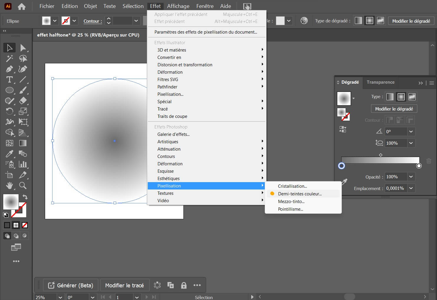 Interface Illustrator - Application de l'effet pixellisation > Demi-teintes couleurs dans l'onglet "Effet".