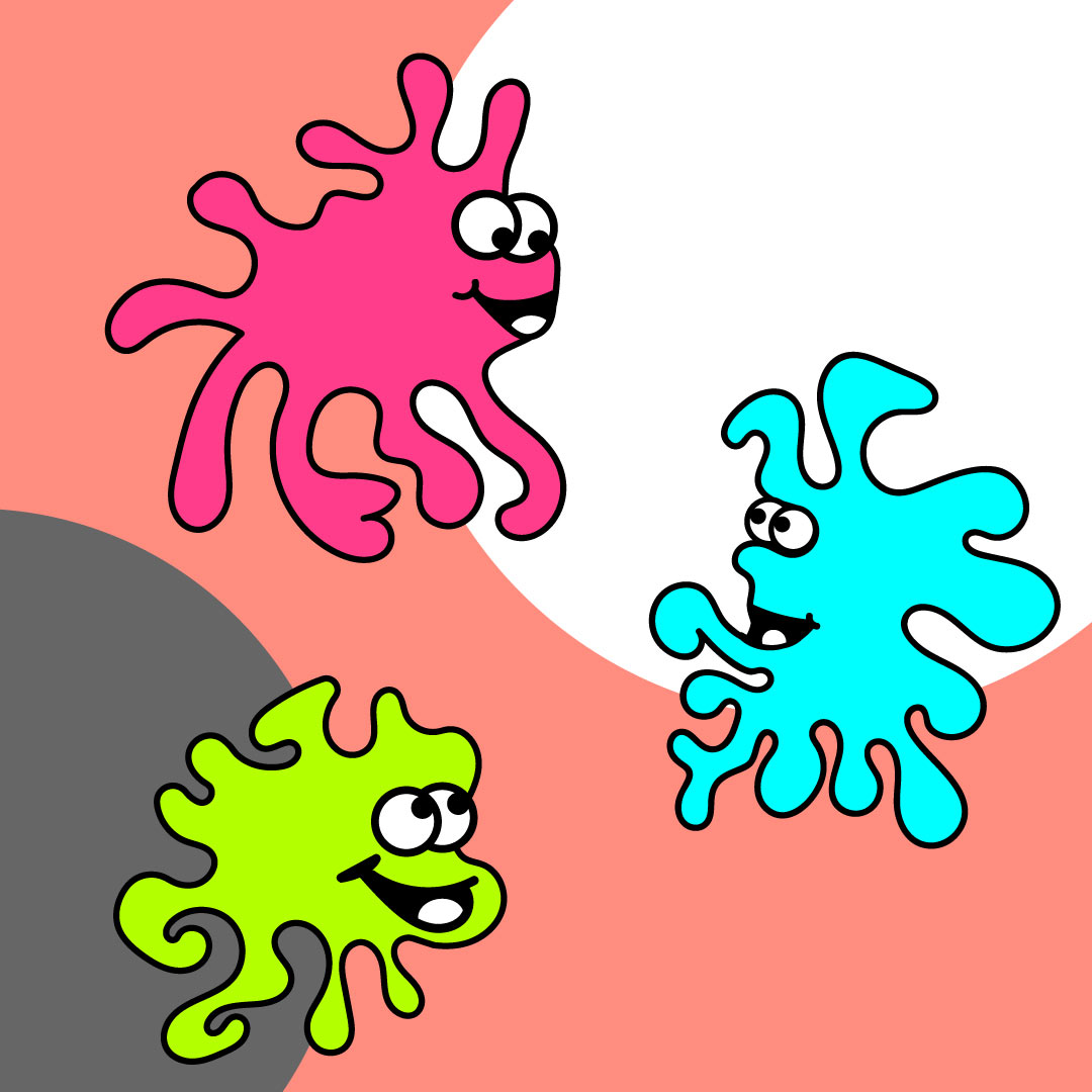 Illustration avec trois petits blobs aux couleurs vives respectives et contrastées, ils sont content et personnifiés pour apporter du caractère et une ambiance joviale.