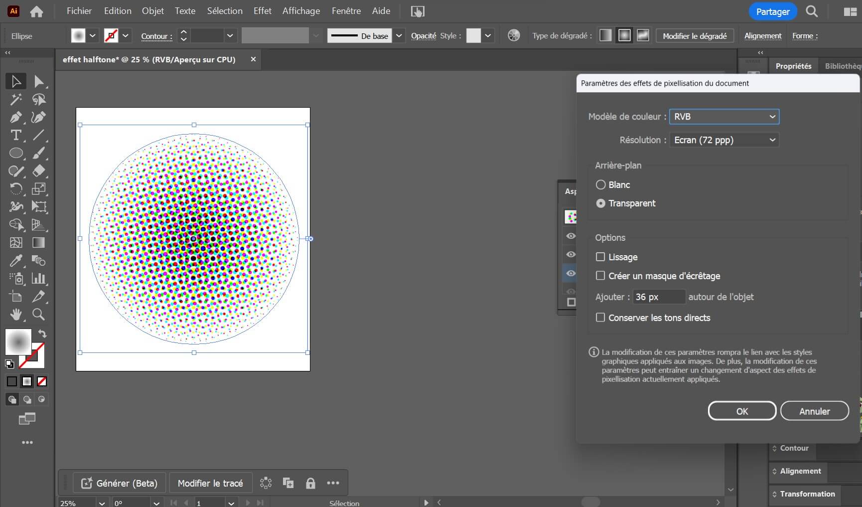 Interface Illustrator - Problème fréquemment rencontré : effet halftone quadrichromique.