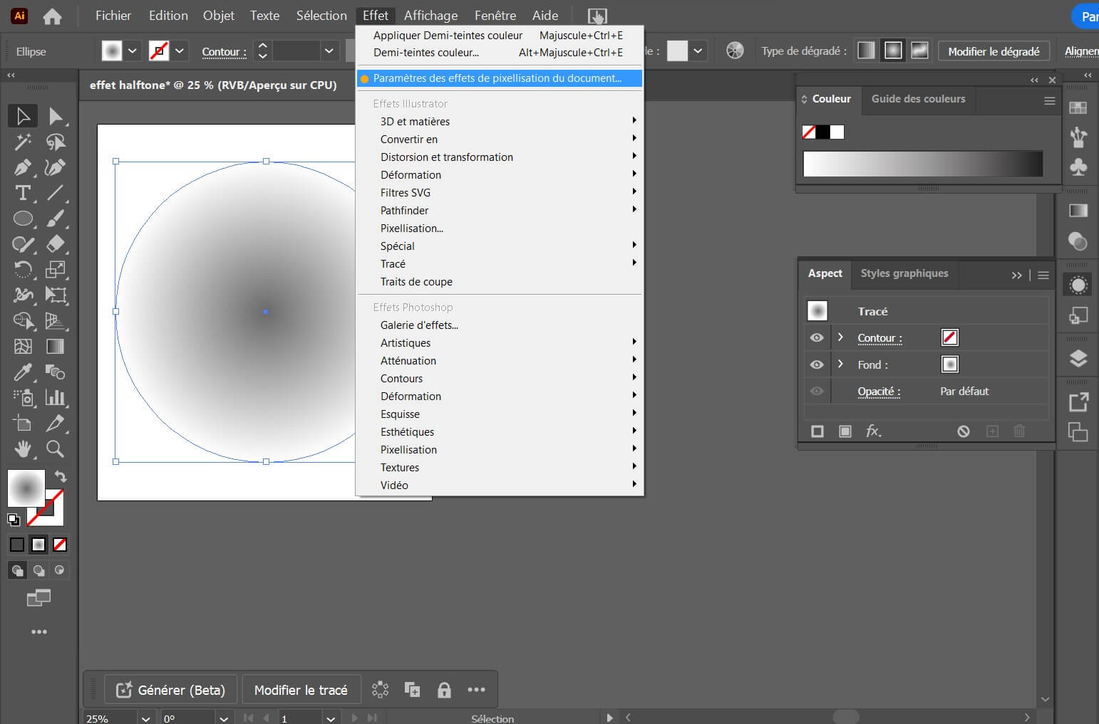 Interface Illustrator - Dans l'onglet "Effet", paramétrage des effets de pixellisation du document.