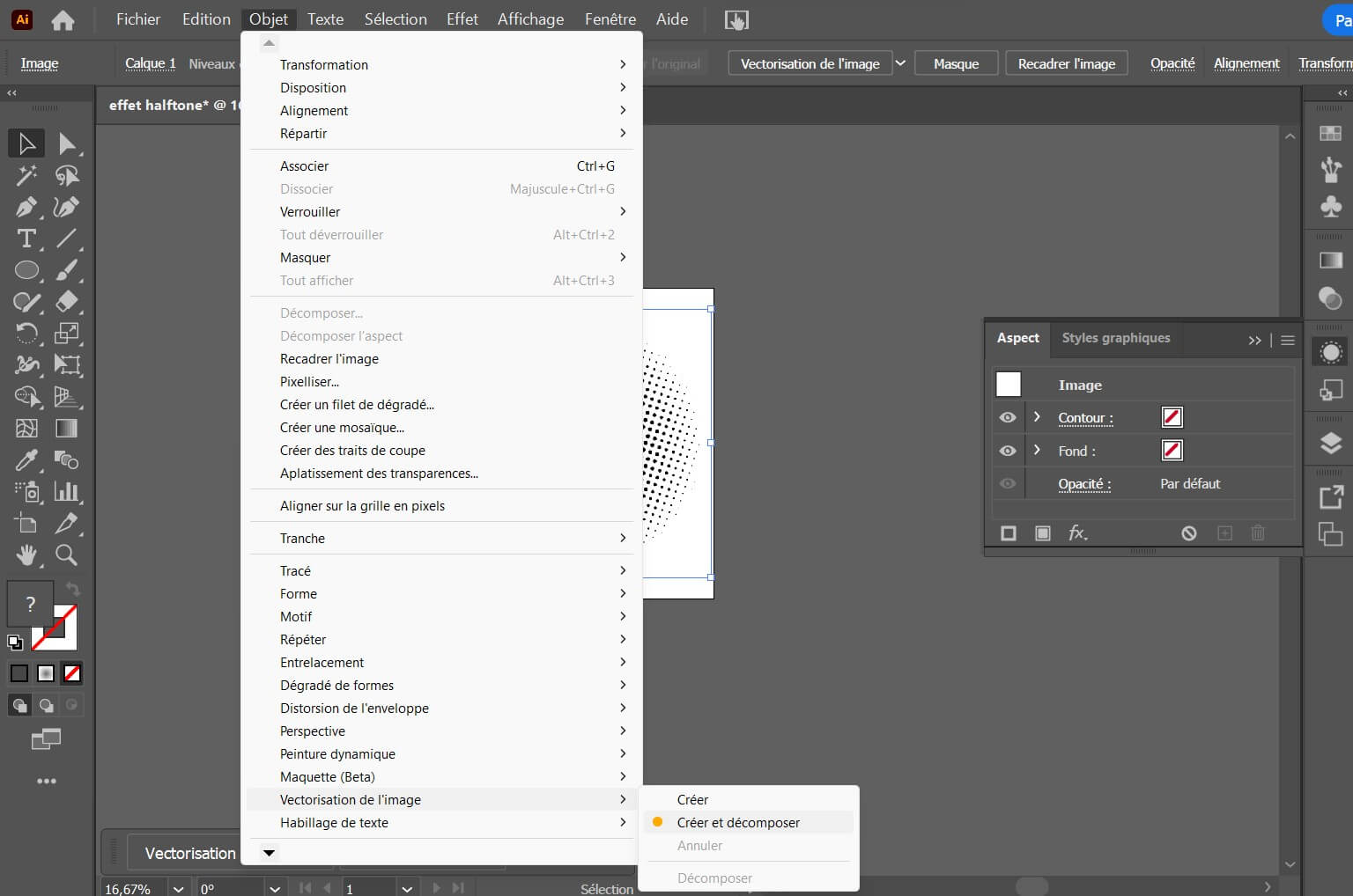 Dans l'onglet "Objet", au survol de la rubrique "Vectorisation de l"image", cliquer sur le sous-menu déroulant nommé "Créer et décomposer".