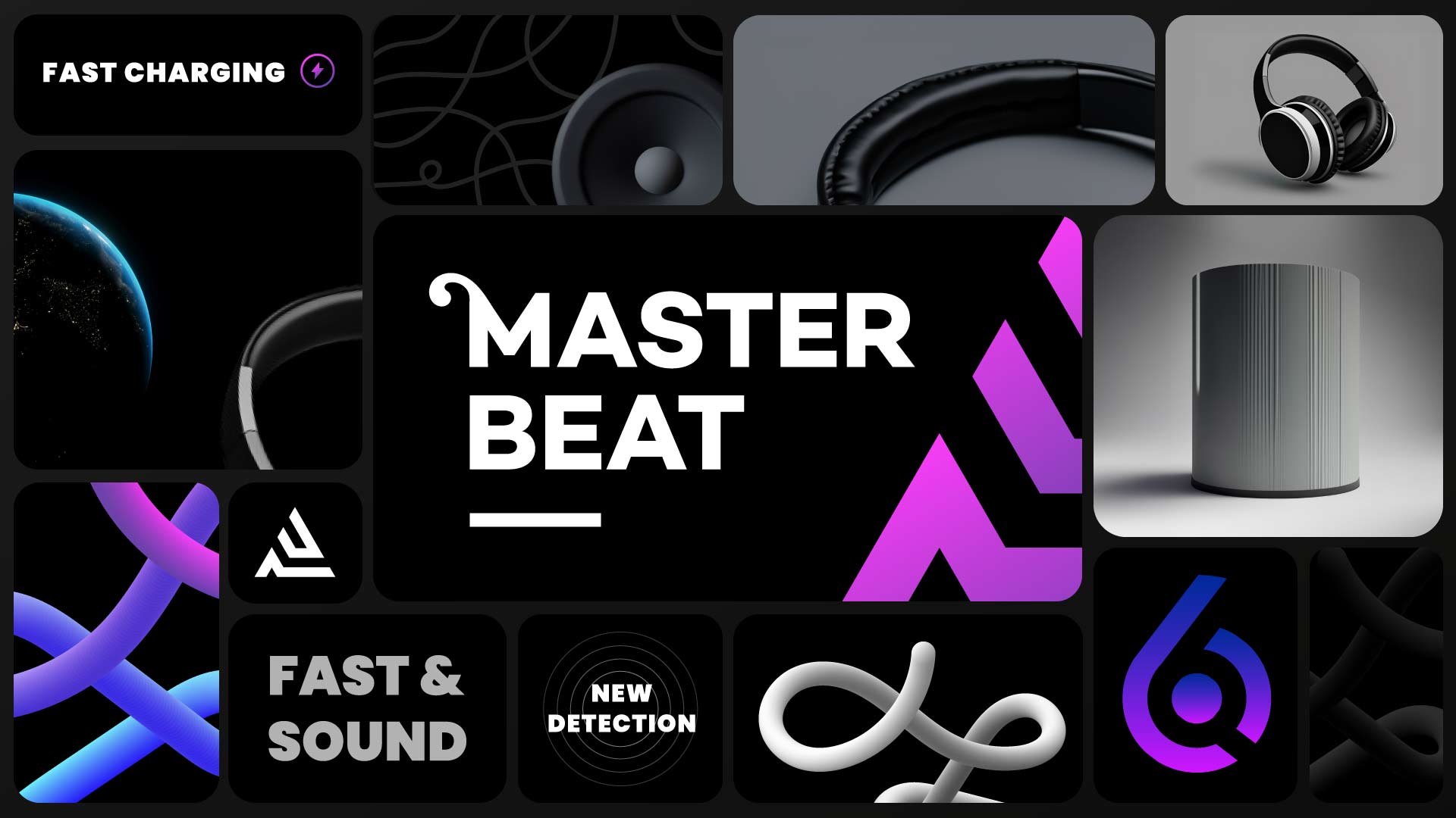 Exemple d'un bento design d'une marque de musique qui propose des casques de musique - Master Beat - QL Studio